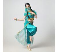 Costume da performance di Ognissanti, stile principessa Jasmine, danza del ventre, stile esotico, set da ballerina occidentale per donna, include pantaloni + top + foulard e accessori + velo per il vi