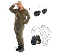Costume da pilota da donna, taglia S, tuta verde con toppe militari, occhiali da sole, medaglia e targhette, costume da pilota da donna per film TV
