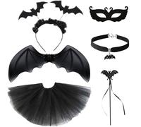 Costume da pipipistrello per bambini, set da 6 pezzi, costume da pipistrello per Halloween, con tutù, gonna, fascia per capelli, maschera e bacchetta magica, per Halloween, carnevale, cosplay, feste
