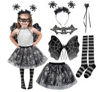 Costume da pipistrello nero per bambina, Ali di farfalla nere, bacchetta magica, maschera da pipistrello in pizzo, diadema, tutù nero a ragnatela, calze sopra il ginocchio, Halloween Carnevale (B-L)