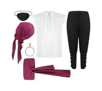 Costume da pirata - Abiti cosplay rinascimentali con camicia, pantaloni, cintura, bandana, orecchini con benda sull'occhio, abito cosplay | Abito da pirata per servizio fotografico in maschera,