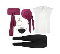 Costume da pirata - Abiti cosplay rinascimentali con camicia, pantaloni, cintura, bandana, orecchini con benda sull'occhio, abito cosplay | Abito da pirata per servizio fotografico in maschera,