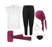 Costume da pirata - Abiti cosplay rinascimentali con camicia, pantaloni, cintura, bandana, orecchini con benda sull'occhio, abito cosplay | Abito da pirata per servizio fotografico in maschera,
