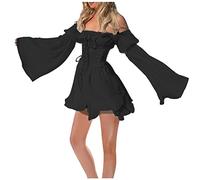 Costume da pirata da donna, abito estivo da donna, con scollo a slash, abito da skater, tinta unita, senza spalline, lunghezza al ginocchio, patchwork, tunica, set di gonne, costume da pirata, Nero04,