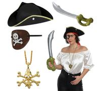 Costume da pirata da donna, con top bianco, cappello tricorno nero, collana con teschio e ossa incrociate, benda per gli occhi marrone, spada da pirata gonfiabile, per adulti e donne, costume da Jolly