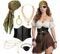 Costume da pirata da donna e ragazza, costume da pirata, set di accessori pirata, accessori pirata, bandana, cinture, collane, orecchini, catena in vita per Halloween, decorazione pirata, verde