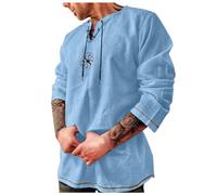 Costume da pirata da uomo, medievale, in lino, tinta unita, a maniche lunghe, con lacci, elegante, per il tempo libero, camicia leggera, costume vichingo, con lacci, Azzurro, XXL