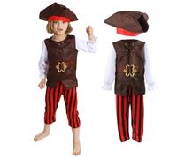 Costume da pirata deluxe da bambino, taglia XL, camicia marrone, pantaloni a righe e cappello tricorno, con 4 accessori, per bambini, per la Giornata mondiale del libro, Halloween e feste con i