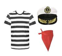 Costume da pirata per adulti, taglia L, maglietta a righe bianche e nere, cappello da capitano bianco e bandana rossa tinta unita, costume da spadaccino per Halloween