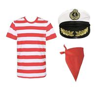 Costume da pirata per adulti, taglia L, maglietta a righe rosse e bianche, cappello da capitano bianco e bandana rossa tinta unita, costume da spadaccino per Halloween