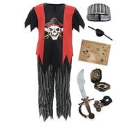 Costume da pirata per bambini, con top nero, gilet rosso, pantaloni a righe, fascia abbinata, spada, benda per gli occhi, monete, tasca per i soldi, bussola e mappa, perfetto per travestimenti da