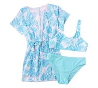 Costume da Piscina Bambina, Costume da Bagno Tropicale da Bambina, Tre Pezzi, Grazioso Bikini con Copricostume Abbinato per Spiaggia, Piscina e Vacanze