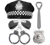 Costume da Poliziotto per Adulti - Set da 5 Pezzi con Accessori: Cappello, Manette, Distintivo, Cravatta e Occhiali da Sole - Ideale per Uomo, Donna e Bambini per Costumi e Travestimenti di Halloween