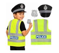 Costume da poliziotto per bambini composto da gilet, cappello e distintivo | Set da 3 pezzi, gilet ad alta visibilità, cappello a scacchi, badge effetto argento, per travestimenti e giochi di ruolo