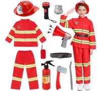 Costume da Pompiere per Bambini, 12 Pezzi Costume Pompiere Bambino con Giacca, Pantaloni, Casco, Giocattoli,Capo dei Pompieri Cosplay Gioco di Ruolo per Carnevale Halloween Esercitazioni Antincendio
