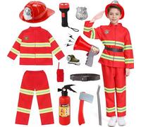 Costume da Pompiere per Bambini, 12 Pezzi Costume Pompiere Bambino con Giacca, Pantaloni, Casco, Giocattoli,Capo dei Pompieri Cosplay Gioco di Ruolo per Carnevale Halloween Esercitazioni Antincendio