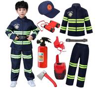 Costume da Pompiere Per Bambini Vestito Pompiere Bambino Pompiere Giochi di Ruolo Costume Vestito Carnevale Con Accessori di Pompieri Per Feste In Maschera Carnevale Halloween,Blue 130
