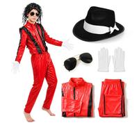 Costume da pop star rossa anni '80, iconica giacca rossa e pantaloni con parrucca nera riccia, occhiali da aviatore Fedora e guanti bianchi, costume per bambini anni '80