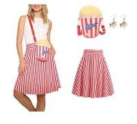 Costume da popcorn da donna, set da 3 pezzi, con gonna a pieghe rosso-bianco a righe, orecchini popcorn e cerchietto per capelli, stile retrò, anni '50, per carnevale, feste in circo, cosplay, eventi