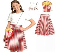 Costume da popcorn da donna, set da 3 pezzi, con gonna a pieghe rosso-bianco a righe, orecchini popcorn e cerchietto per capelli, stile retrò, anni '50, per carnevale, feste in circo, cosplay, eventi