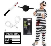 Costume da prigione horror per bambini, 8 pezzi, con maglietta a righe bianche e nere, pantaloni uniformi della prigione, cappello con benda sugli occhi, costume da ladri horror, costume per bambini
