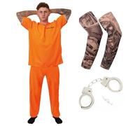 Costume da prigioniero arancione per adulti, con 2 maniche finte e manette, tuta per Halloween, addio al celibato, cosplay e feste a tema