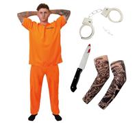 Costume da prigioniero arancione per adulti con 2 maniche finte tatuate, coltello puntello e manette, tuta per Halloween, addio al celibato, cosplay e feste a tema, taglia L