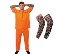 Costume da prigioniero arancione per adulti, con 2 maniche finte tatuate, tuta per Halloween, addio al celibato, cosplay e feste a tema, taglia S