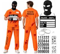 Costume da prigioniero da uomo e donna, colore arancione, con targhetta per il nome e manette, per adulti, cosplay, carnevale, feste a tema