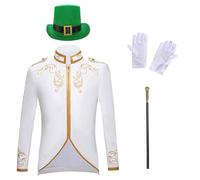 Costume da principe da uomo, 4 pezzi, con ricamo, cappello e guanti e scettro, giacca steampunk, stile medievale, gonna da passeggio, costume da principe reale