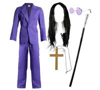 Costume da principe delle tenebre per adulti, giacca e pantaloni, parrucca lunga nera, canna nera e argento, occhiali circolari, croce dorata, costume da rockstar per adulti anni '70/'80