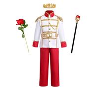 Costume da principe favoloso per bambini e ragazzi principe affascinante costume medievale giacca top pantaloni cintura corona scettro Halloween cosplay carnevale festa travestimento rosso 8-10 anni