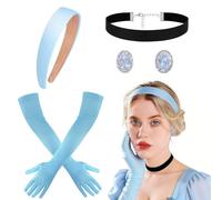 Costume da principessa da donna e ragazza, costume da Cenerentola, set di accessori per capelli da principessa, corona, fascia per capelli blu, guanti neri, collana girocollo con strass, set di
