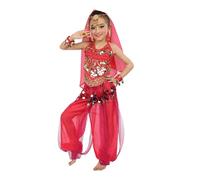 Costume da principessa indiana per danza del ventre, 2 pezzi, per donne e ragazze, con top e pantaloni, rosa acceso