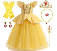 Costume da principessa, vestito da principessa gialla, con corona, bacchetta, guanti, collana, anello, orecchini, per feste di compleanno, Halloween, Natale, Giornata mondiale del libro, cosplay, 120
