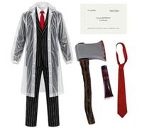 Costume da psicopatico americano degli anni '80, per adulti | abito gessato nero, impermeabile trasparente, cravatta rossa, puntello ascia, biglietto da visita, pacchetto di sangue finto