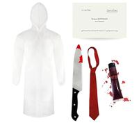 Costume da psicopatico per adulti, standard - impermeabile trasparente, cravatta rossa, coltello finto, biglietto da visita e sangue finto, costume da uomo psicopatico americano per Halloween