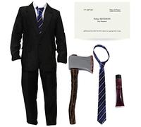 Costume da psicopatico per adulti, taglia XXL, vestito nero + cravatta blu + ascia insanguinata + biglietto da visita + sangue finto, costume di Halloween