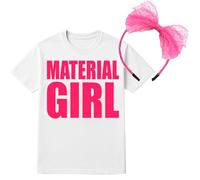 Costume da ragazza anni '80, taglia XXL, maglietta bianca con slogan e fascia con fiocco in pizzo rosa, vestito retrò da pop star, per addio al nubilato e feste di ritorno al passato