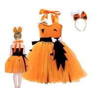 Costume da ragazza caverna - Abito tutù Halloween | Set principessa | Tulle a rete senza maniche, corsetto regolabile con nastro, fascia abbinata, leggero e morbido, per feste e giochi scolastici