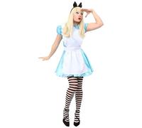 Costume da ragazza curiosa - XL - Abito grembiule blu e bianco, fascia per capelli con fiocco nero, collant a righe bianche e nere - costume per adulti Giornata mondiale del libro della settimana del