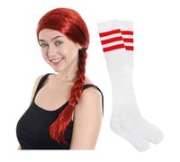 Costume da ragazza ribelle per adulti, parrucca rossa e calzini a righe rosse e bianche, set di accessori per costume da donna per la scuola, la settimana del libro, la giornata mondiale del libro