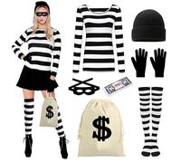 Costume da rapinatore da donna, costume da rapinatore di banche da donna,ladro,scassinatore,banditocriminale, ladro da galeotto per Halloween,