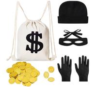 Costume da rapinatore da donna, uomo e bambino, costume da ladro, con monete d'oro, maschera per gli occhi, borsa per dollari, cappello, guanti per carnevale, Halloween, festa a tema, 5 pezzi