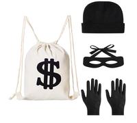 Costume da rapinatore da donna, uomo e bambino, costume da ladro, con monete d'oro, maschera per gli occhi, borsa per dollari, cappello, guanti per carnevale, Halloween, festa a tema, 4 pezzi