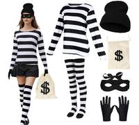 Costume da rapinatore di banche da donna, 6 pezzi, costume da ladro e ladro, camicia a righe bianche e nere con maschera per gli occhi, guanti, accessori per Halloween, cosplay, ladro, criminale, per