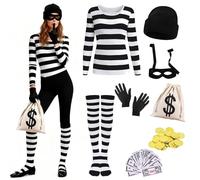 Costume da rapinatore per carnevale, da uomo e da donna, con parte superiore a righe, guanti, al ginocchio, per banconote, per occhi, moneta d'oro, costume da ladro, cosplay, Halloween, carnevale (XL)