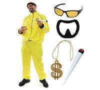 Costume da rapper anni '90, taglia L, per adulti, giallo e nero, cappello abbinato, occhiali da sole, catena del dollaro + spliff jumbo + pizzetto nero, divertente costume da rapper per Halloween