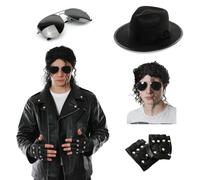 Costume da re del pop, giacca in pelle con occhiali, parrucca, cappello e guanti borchiati, per adulti, per Halloween, cosplay, cattivo tributo - XL