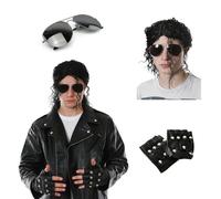 Costume da re del pop, giacca in pelle con occhiali, parrucca e guanti borchiati, per adulti, per Halloween, cosplay, cattivo tributo - XL
